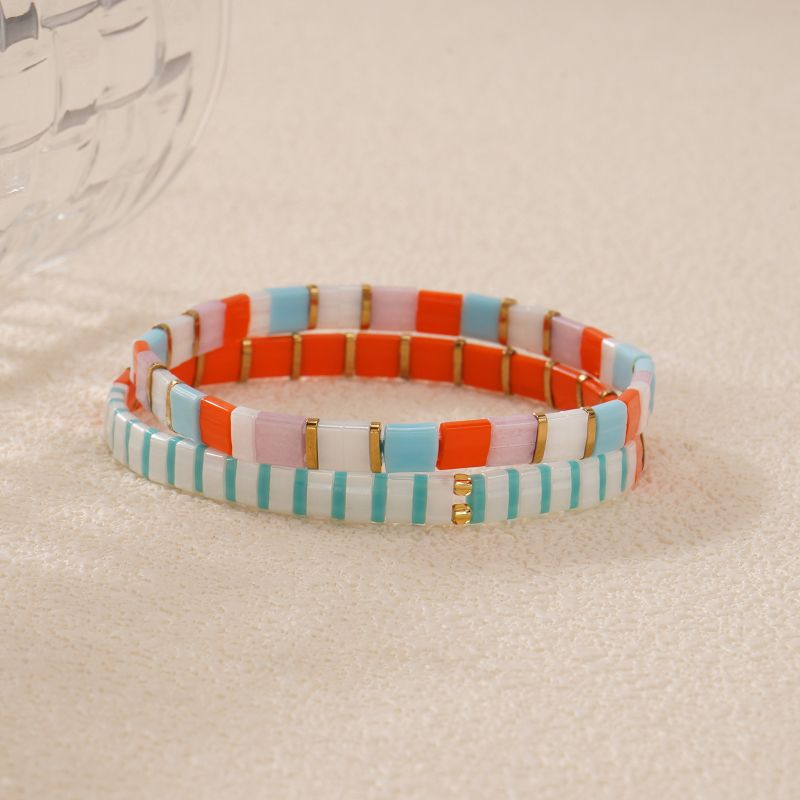 Alternative view of Pair of Two Miyuki Tila Bracelets - Aqua & Orange