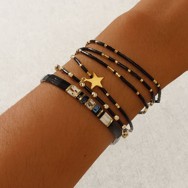 Alternative view of Set of Three Miyuki Bracelets - Black & Gold Star