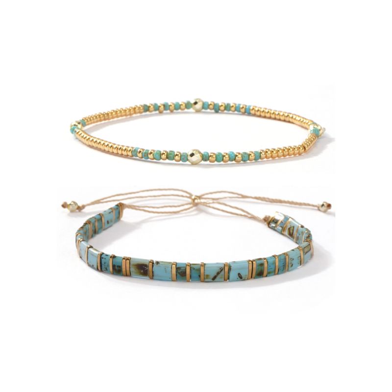 Pair of Two Miyuki Bracelets - Turquoise &  Gold