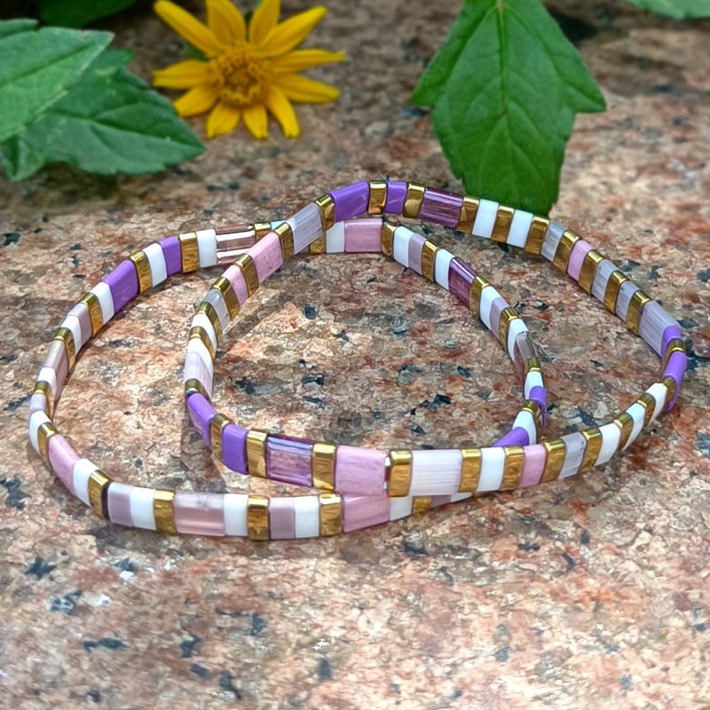 Alternative view of Pair of Two Miyuki Tila Bracelets - Tonal Lilac