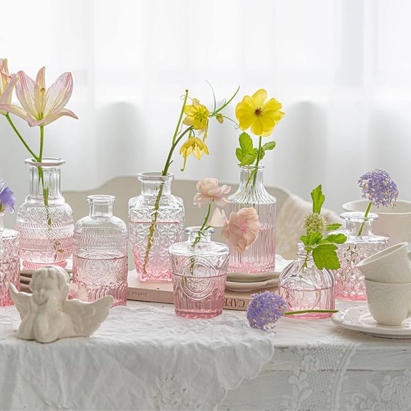 Set of Ten Small Embossed Carafe Vases - Rose