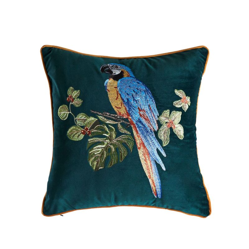Alternative view of Embroidered Parrot Velvet Cushion - Green