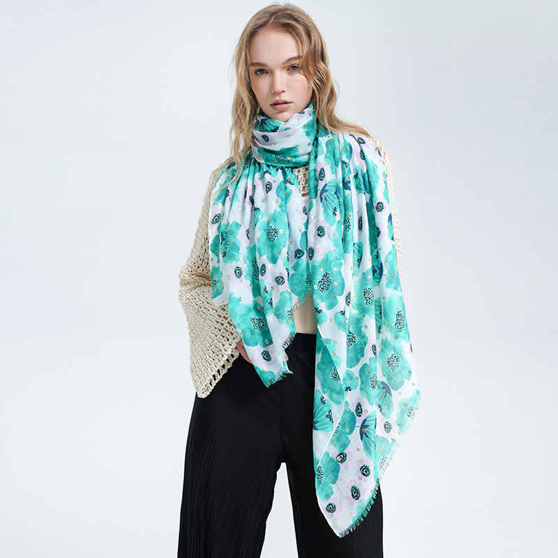 Scarf with Poppies - Aqua